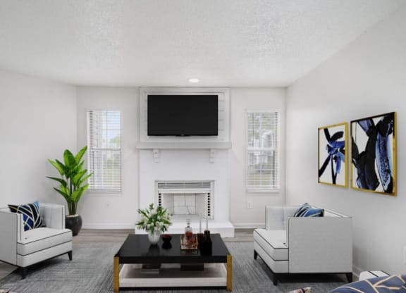 Living room with tv at The Berryessa Apartments, Columbus, 98104