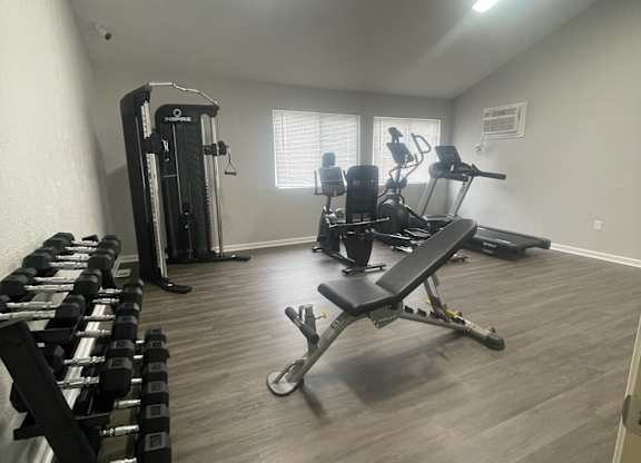 A gym with a variety of equipment including weights and a bench press.