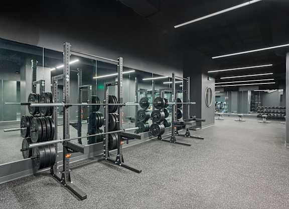 A gym with a variety of weightlifting equipment at Sky Central Apartments, Ohio
