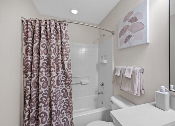 Bathroom with a shower curtain and a toilet and a sink at Four Bridges, OH, 45044-8380