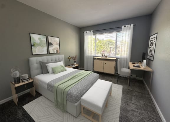 a bedroom with a bed and a desk and a window