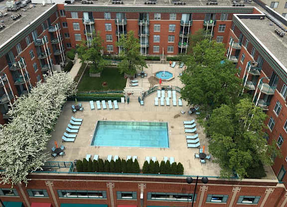 An aerial view of a pool surrounded by sun loungers and trees.
