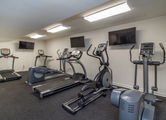 our gym is equipped with state of the art cardio equipment and free weights at Rivers Edge Apartments and Townhomes, Dayton, OH