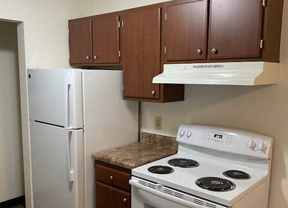 A white fridge and stove in a kitchen with brown cabinets.