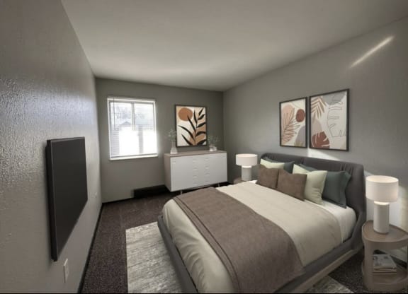 a bedroom with a bed and two lamps