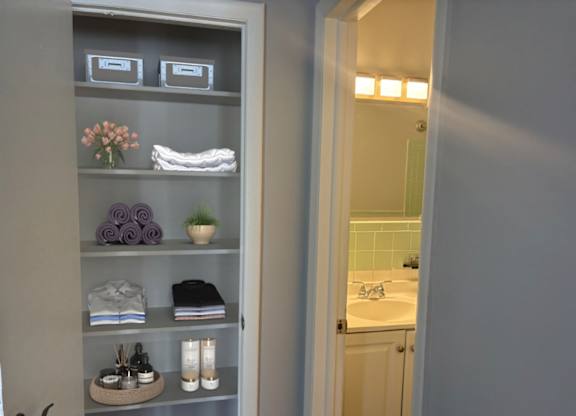 A bathroom with a towel and a plant on the shelf.