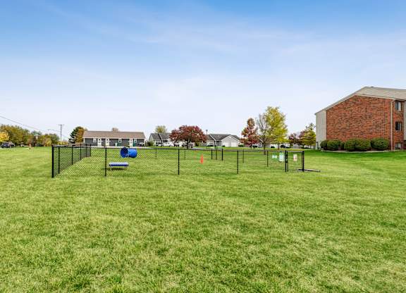 A grassy field with a basketball court and a building in the background.