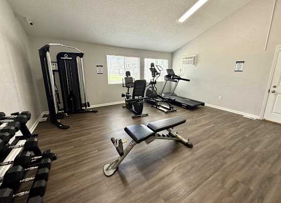 A home gym with a variety of equipment including a treadmill, weights, and a bench press.