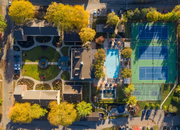 Tennis Court and Pool Aerial View at Indian Creek Apartments, 45236