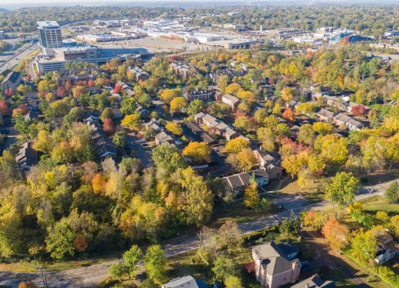 Aerial view of a city in the autumn at Indian Creek Apartments, Cincinnati