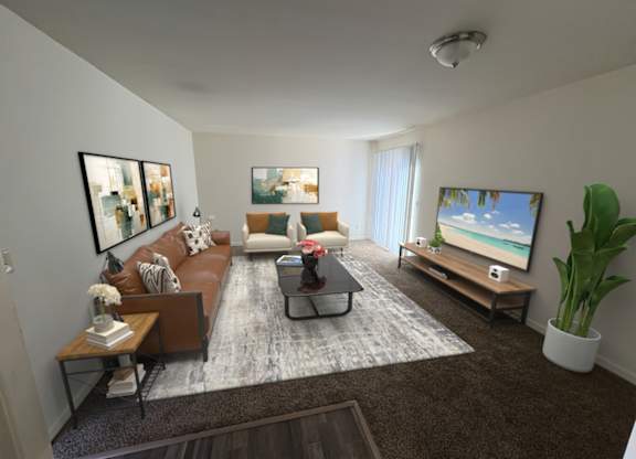 A living room with a brown couch, a coffee table, and a flat screen TV.