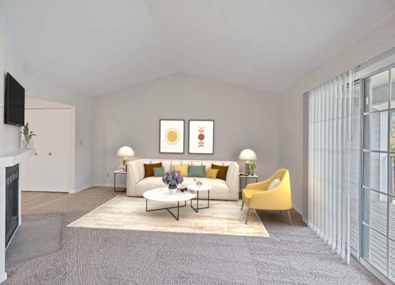 a living room with a white couch and a yellow chair at Normandy Club Apartments, Ohio, 45459