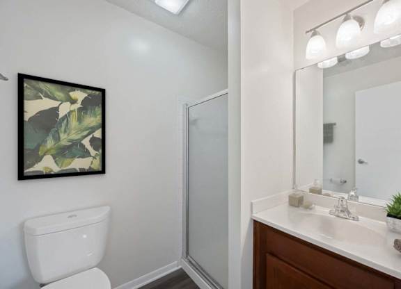 a bathroom with a mirror and a toilet and a sink at Normandy Club Apartments, Ohio