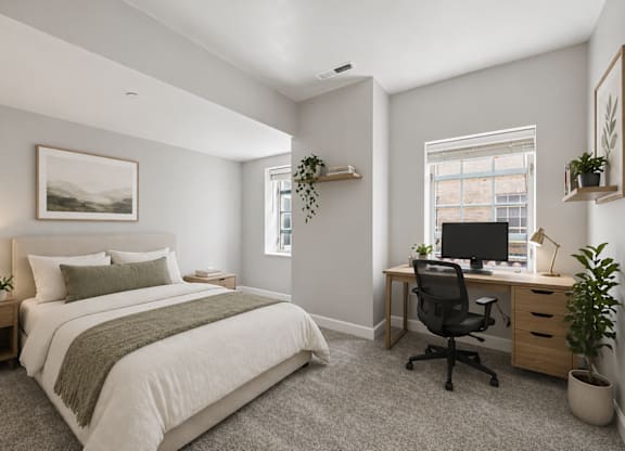A bedroom with a bed, desk, and chair.