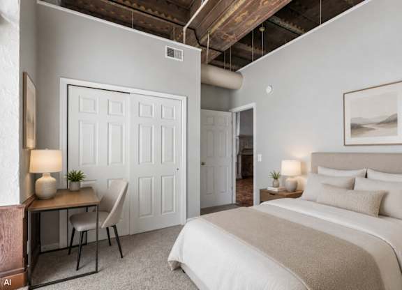 A bedroom with a bed, desk, chair, and a painting on the wall.