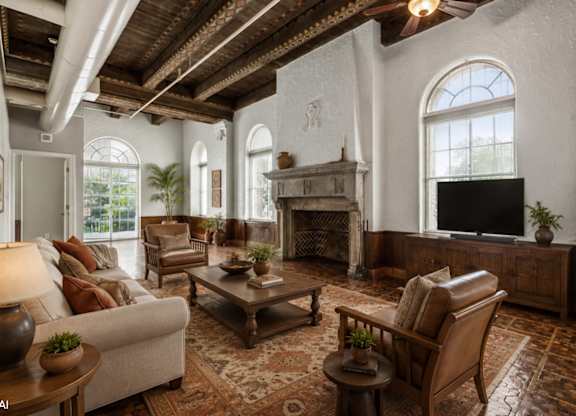 A living room with a fireplace and a couch.