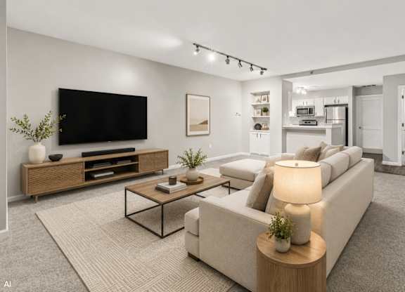 A modern living room with a large couch, a coffee table, and a flat-screen TV mounted on the wall.