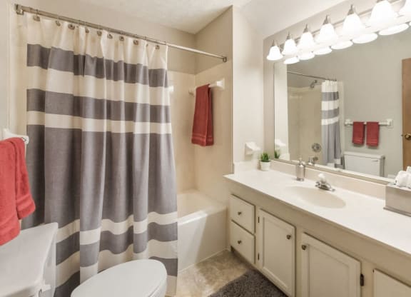 a bathroom with a shower and a sink and a toilet at Parkside at Maple Canyon Apartments, Ohio
