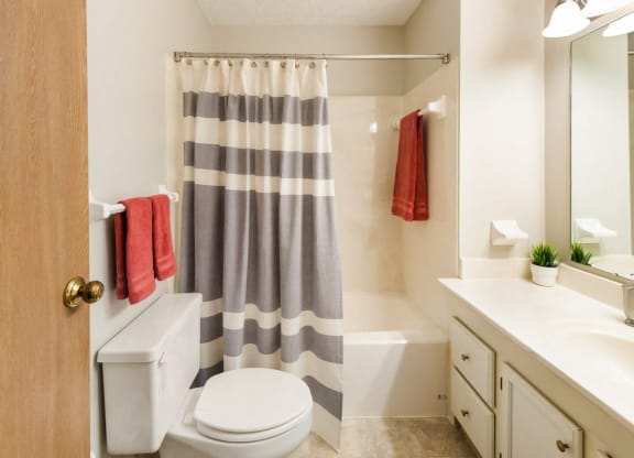 a bathroom with a shower curtain and a toilet and a sink at Parkside at Maple Canyon Apartments, Columbus