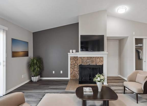 A living room with a fireplace and a television.