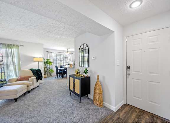 A living room with a white door and a grey carpet.