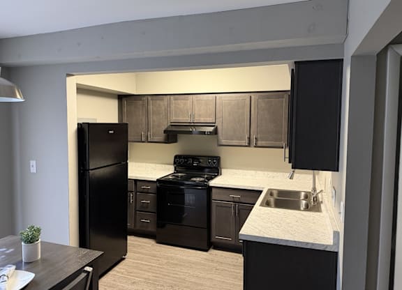 A kitchen with black appliances and cabinets.