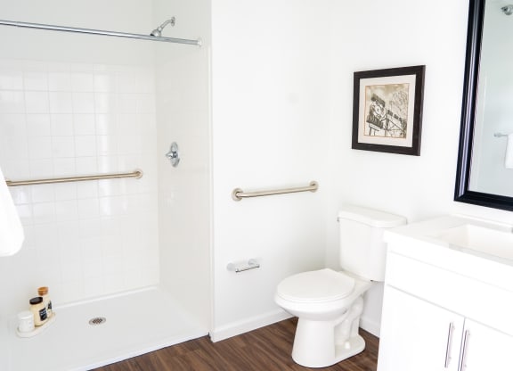 a bathroom with a toilet and a shower