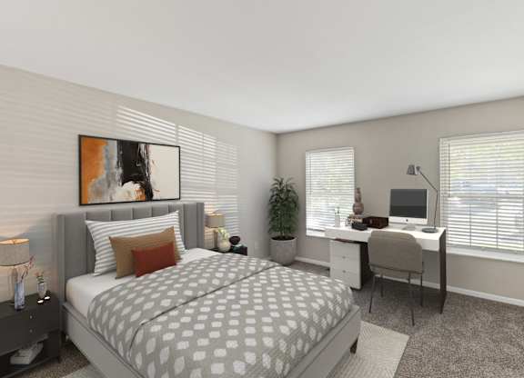 a bedroom with a bed and a desk with a computer at Merrick Place, Lexington, KY, 40502
