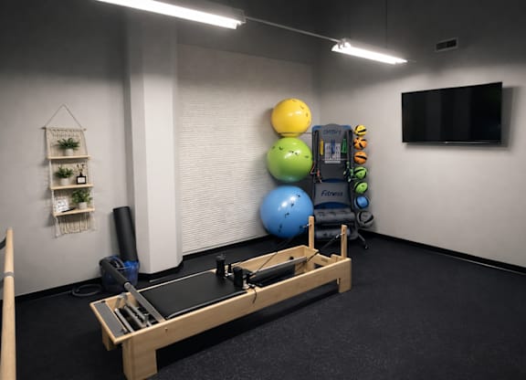 A gym room with a row of exercise balls and a row of dumbbells.
