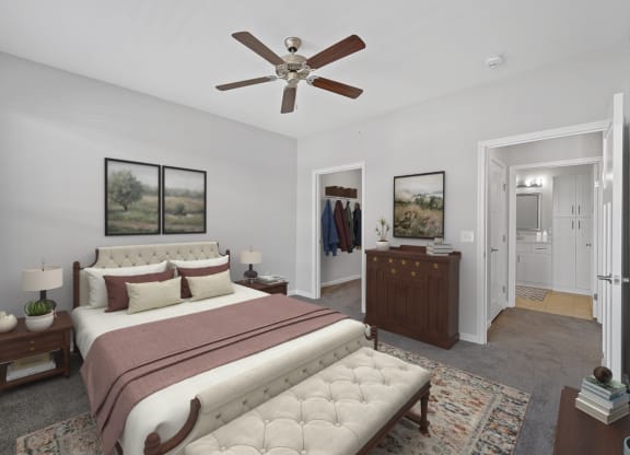 a bedroom with a bed and a ceiling fan at Monmouth Row Apartments, Newport, 41071