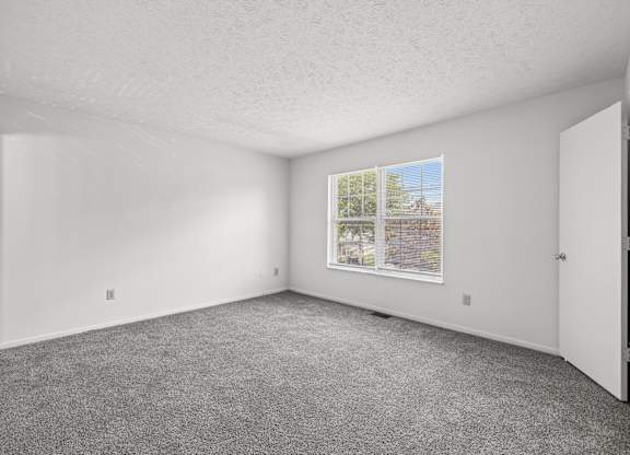 A room with a carpeted floor and a window showing a view of trees and a fence outside.