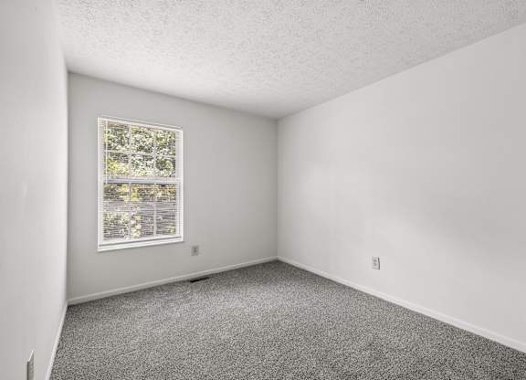 A room with a window and a carpeted floor.