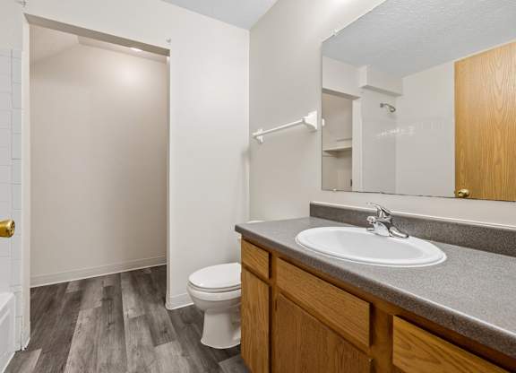 A bathroom with a toilet, sink, and mirror.