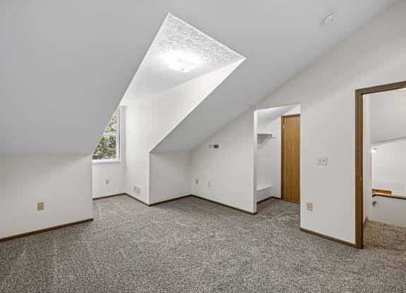 A spacious room with a skylight and carpeted floor.