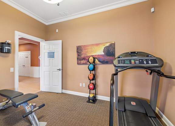 A treadmill is in a room with a painting, a bench and a door.