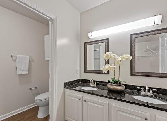 a bathroom with a sink and a mirror and a toilet at Roebling Row, Covington