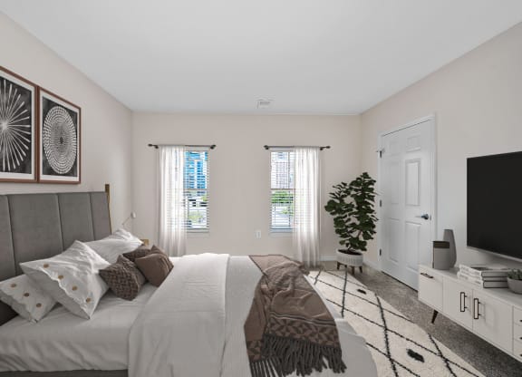 Bedroom With TV at Roebling Row, Covington, KY
