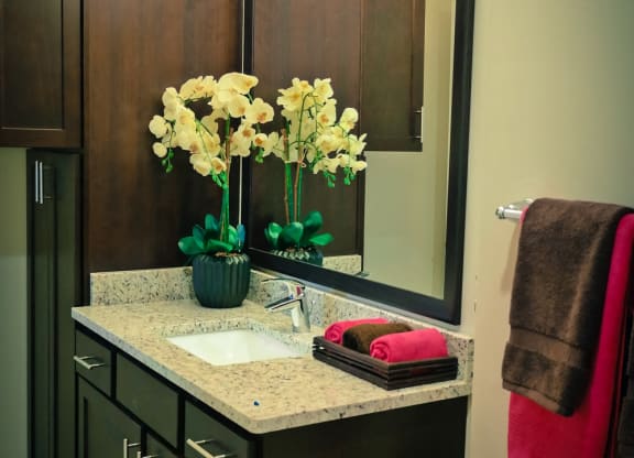 a bathroom with a sink and a mirror at DeSales Flats Apartments*, Cincinnati, OH