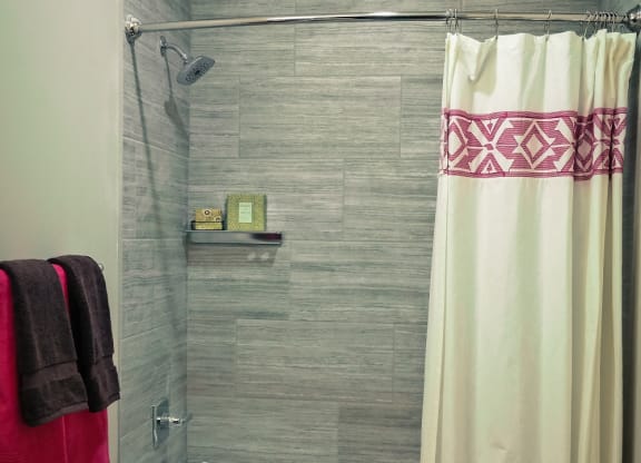 a bathroom with a toilet and a bathtub with a shower curtain at DeSales Flats Apartments*, Cincinnati, 45206