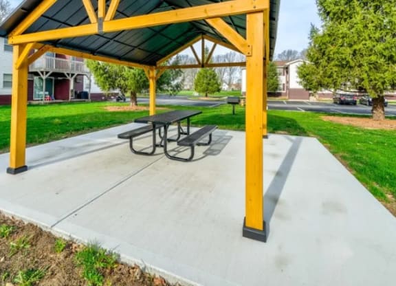 a picnic table under a pavilion in a park at Ridgeview, Indiana