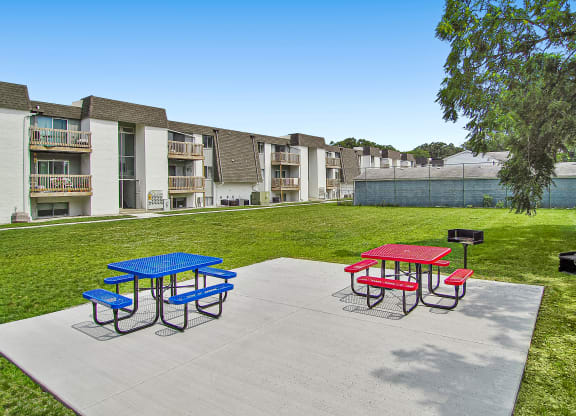 a picnic area with a blue picnic table and red picnic table on a concrete patio with a