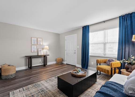 Living room with a coffee table at The Rand Apartments, Columbus, OH