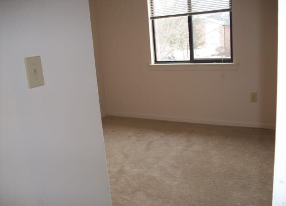 an empty bedroom with a window and a carpeted floor