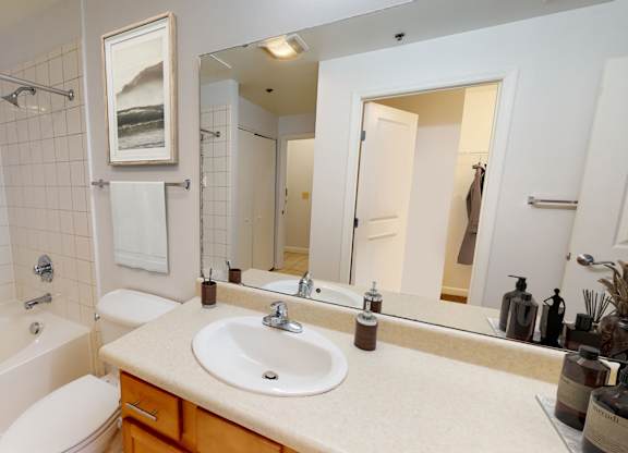 a bathroom with a sink toilet and bathtub