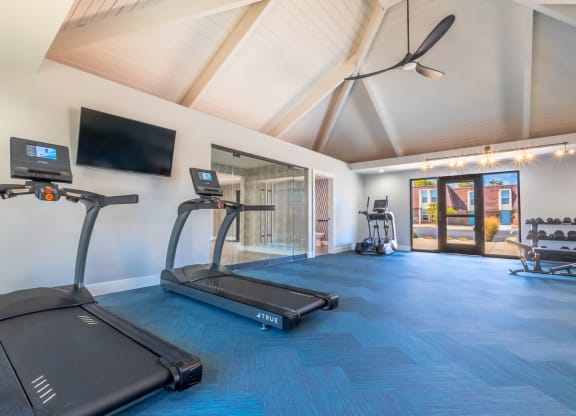 two treadmills and a tv in a gym with a glass door