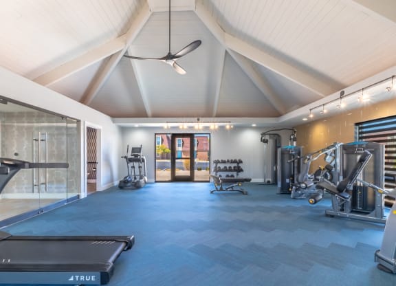 a gym with a lot of equipment and a glass door