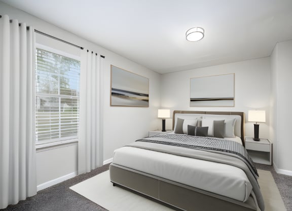 Bedroom with cozy bed at The Berryessa Apartments, Columbus