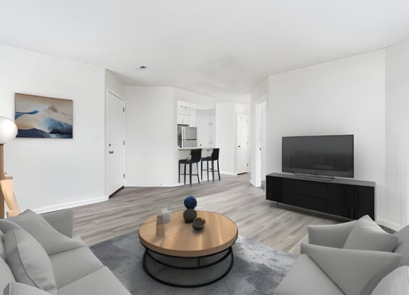 a living room with a couch and a tv at The Berryessa Apartments, Columbus, OH, 98104