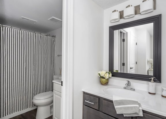 Bathroom with a sink and a toilet and a mirror at Tall Timber Apartments, 45241