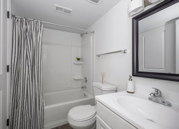 Bathroom with a shower and a sink and a toilet at Tall Timber Apartments, Cincinnati, Ohio